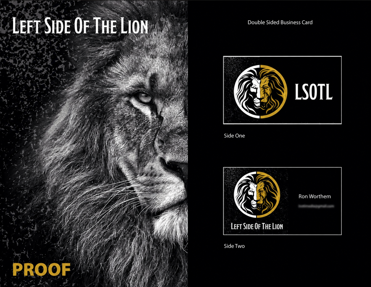 Left Side of the Lion double-sided business card proof with blurred email address