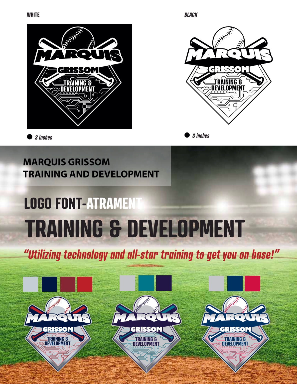 Marquis Grissom logo proof showing black and white versions, typography and color choices