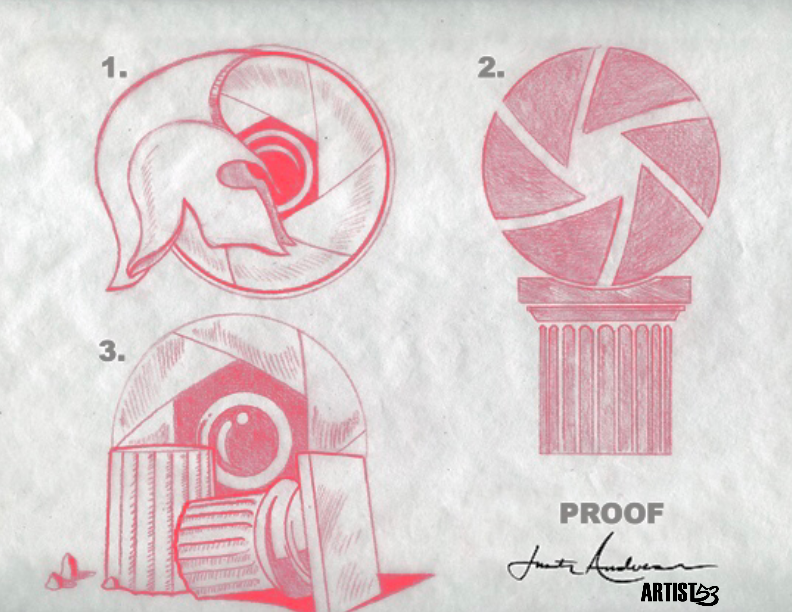 Alexander Photos hand drawn proof sheet exploring Greek helmet, camera aperture and architectural concepts