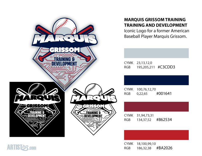 Marquis Grissom logo specification sheet with color values and black and white versions