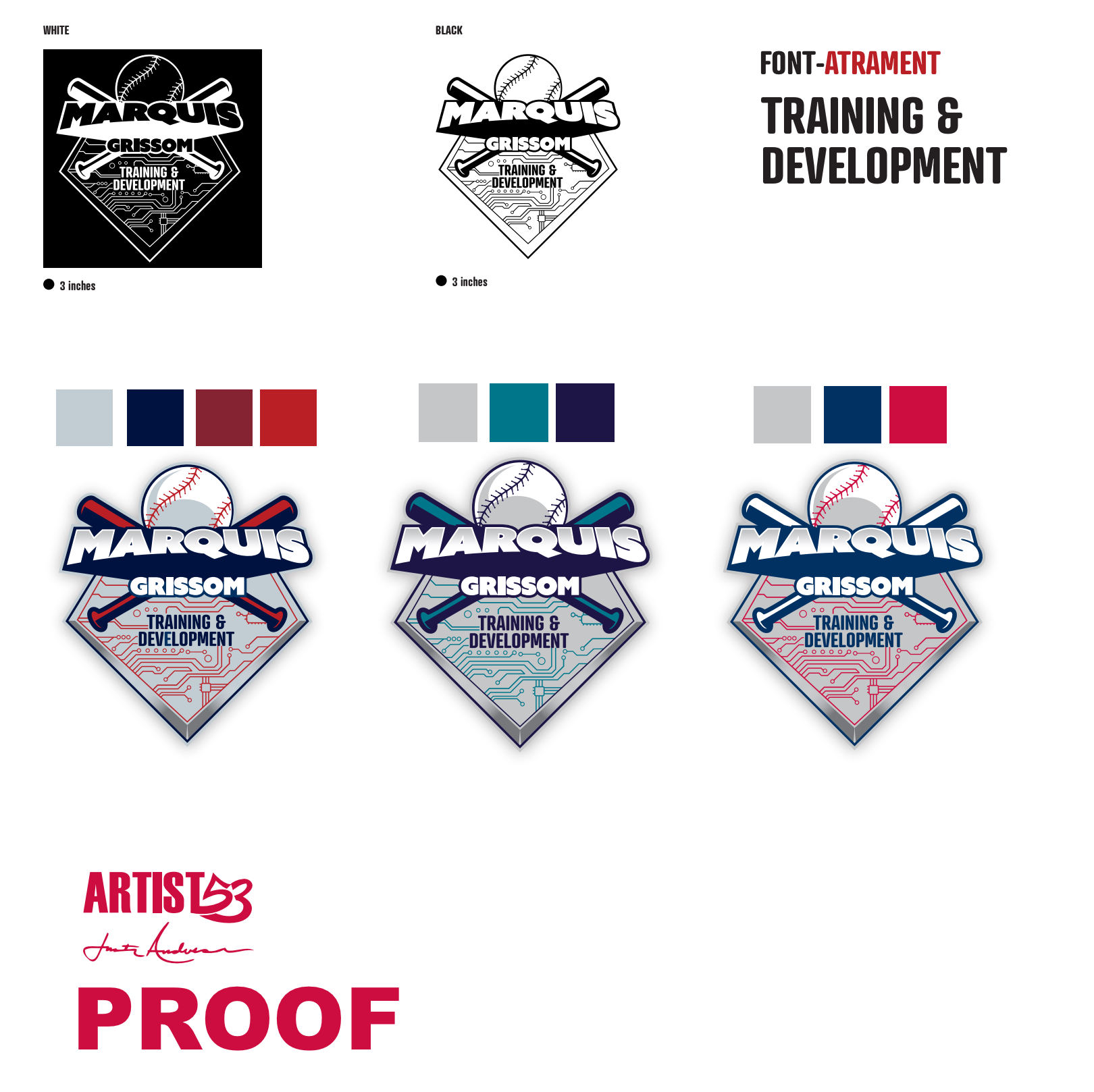 Marquis Grissom proof board with black and white logo, font and three color directions