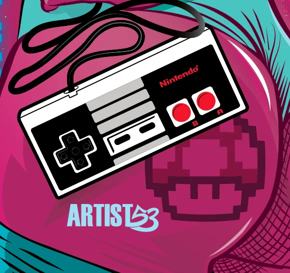 Detail of the controller, pixel mushroom and ARTIST53 signature in Game Over