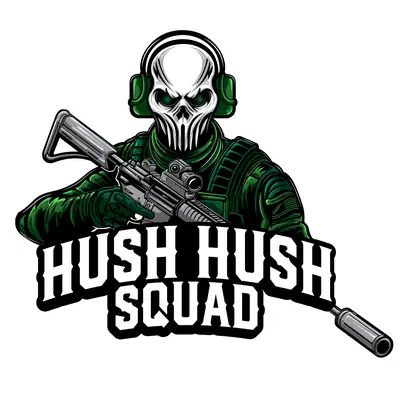 Black-and-white HUSH HUSH SQUAD logo