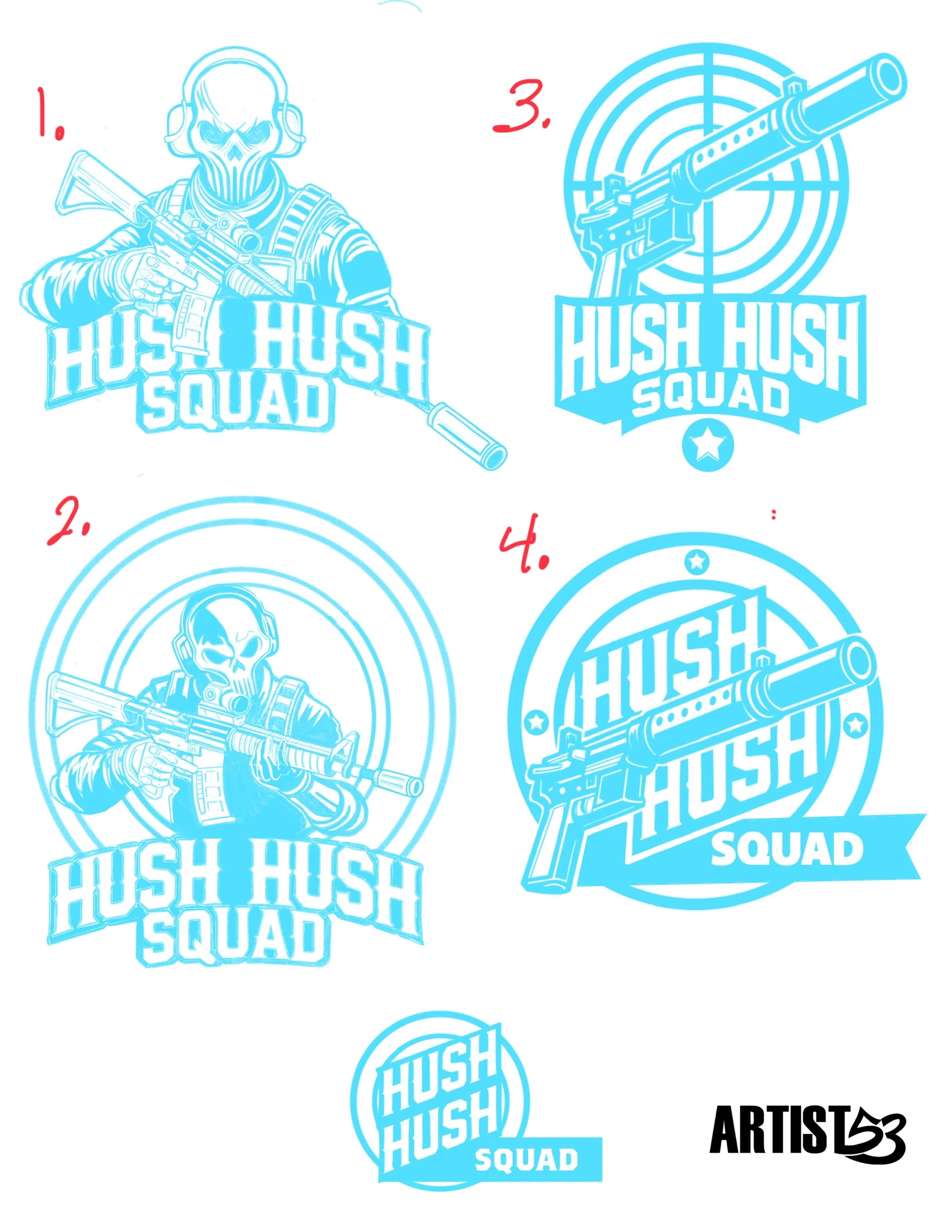 HUSH HUSH SQUAD logo development sketch sheet
