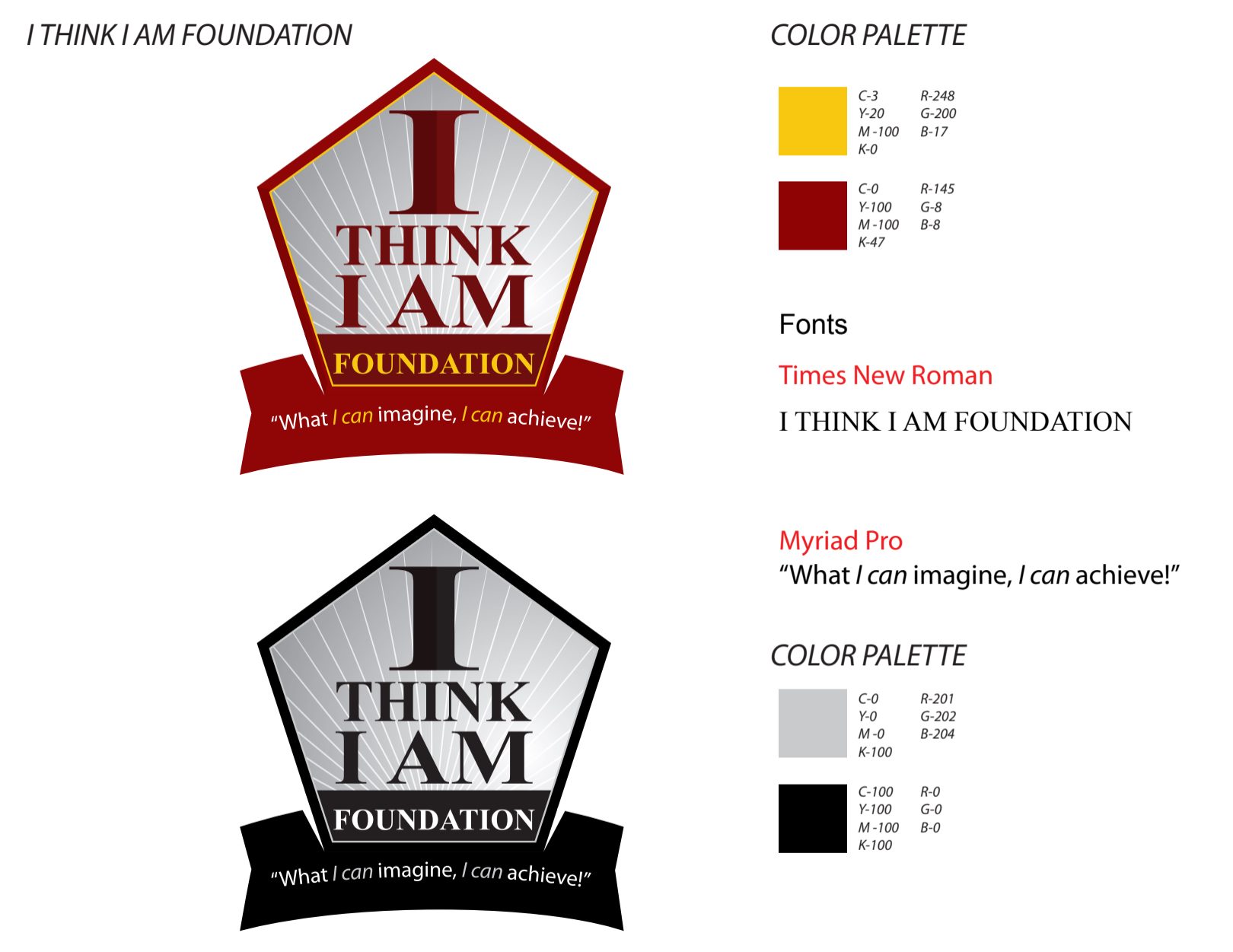 I Think I Am Foundation brand guide showing the selected logo direction, color palette and typography