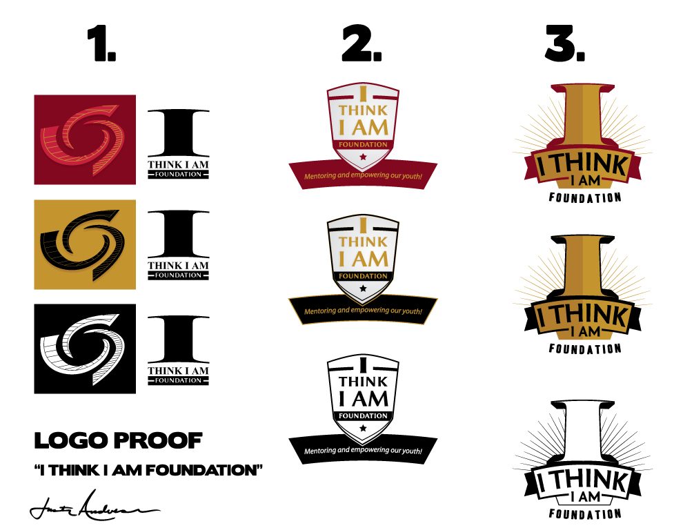 I Think I Am Foundation logo proof showing three concept directions