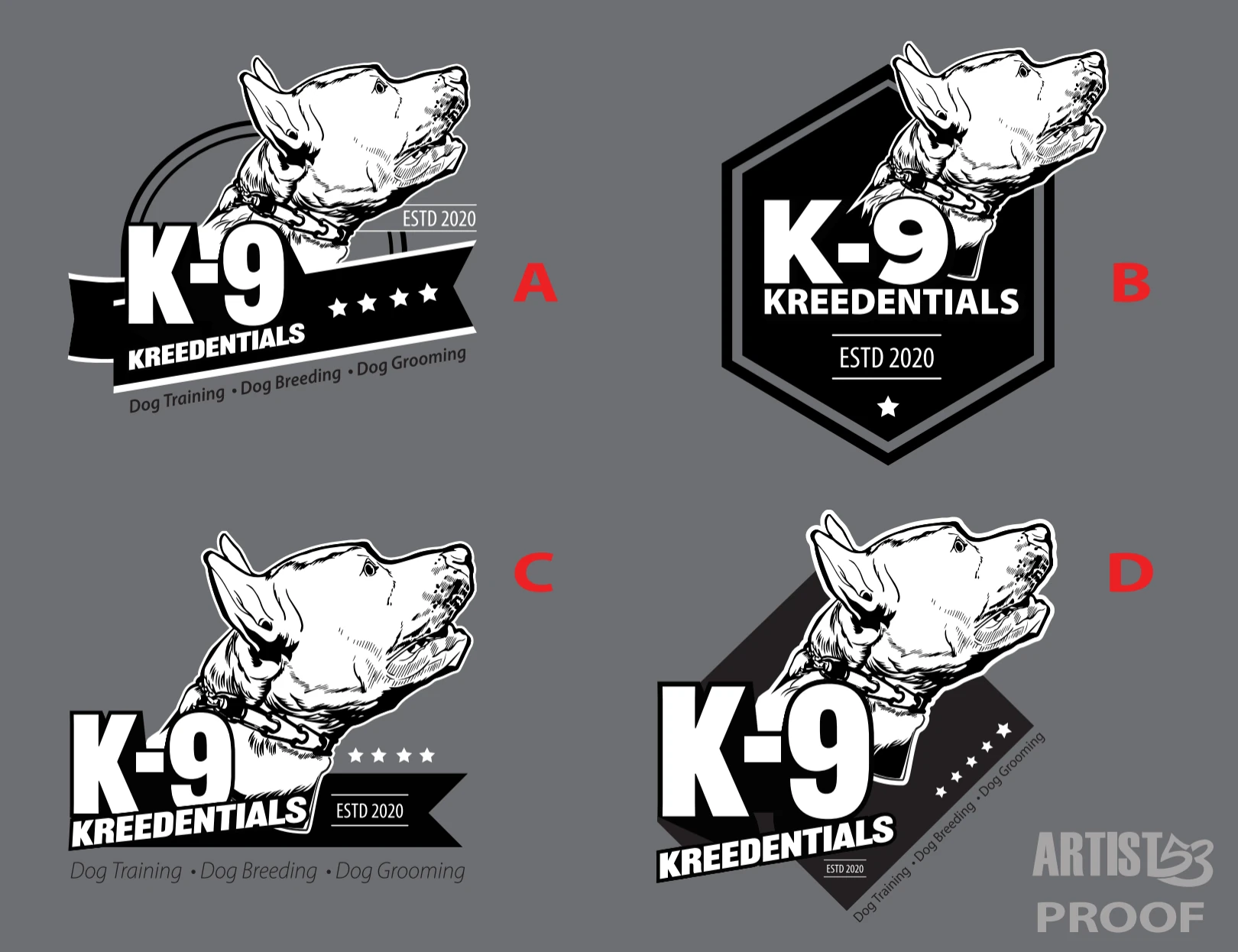 K-9 Kreedentials enclosure and badge concept options