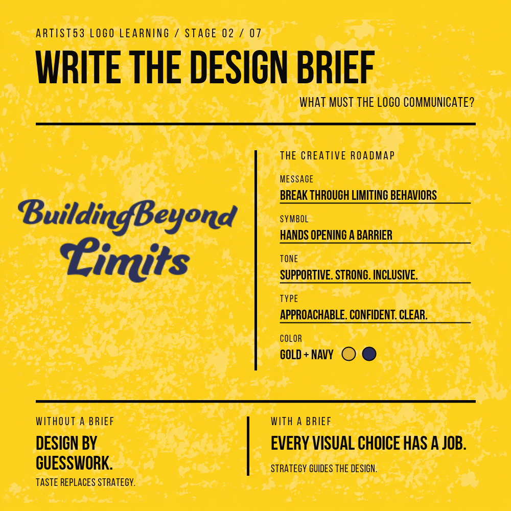 Write the Design Brief — Building Beyond Limits message, symbol, tone, typography and color direction