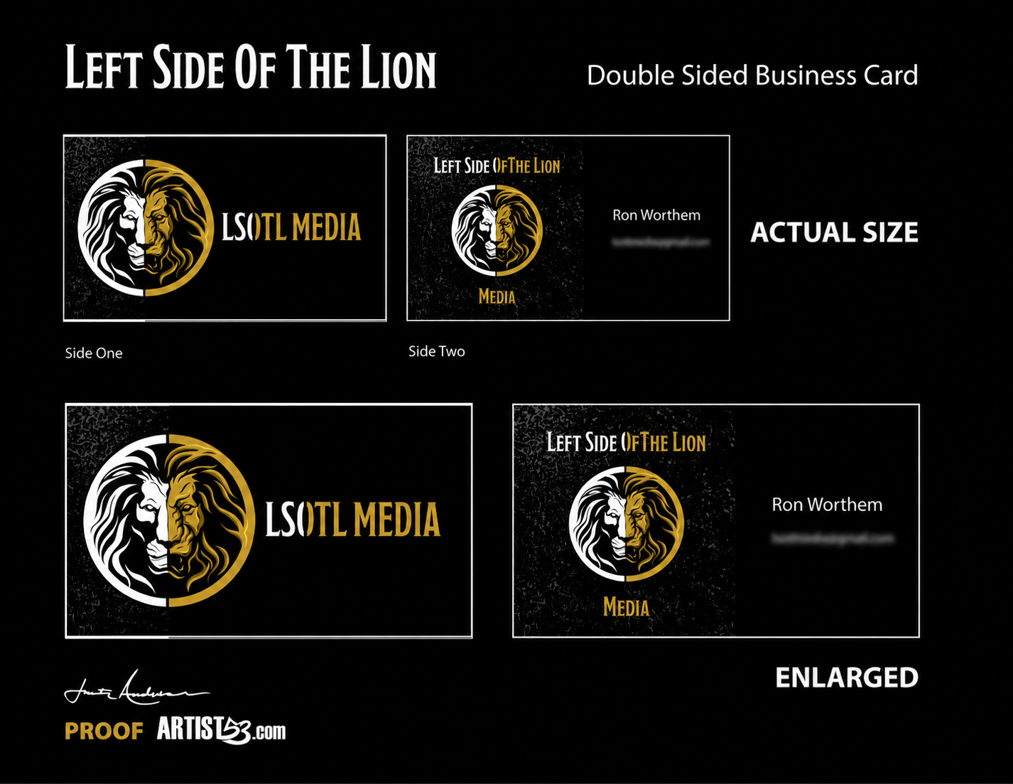Left Side of the Lion Media business card concepts with blurred email addresses
