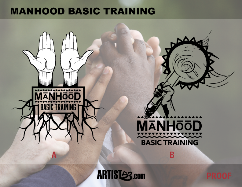 Manhood Basic Training A and B proof concepts over a kids hands background