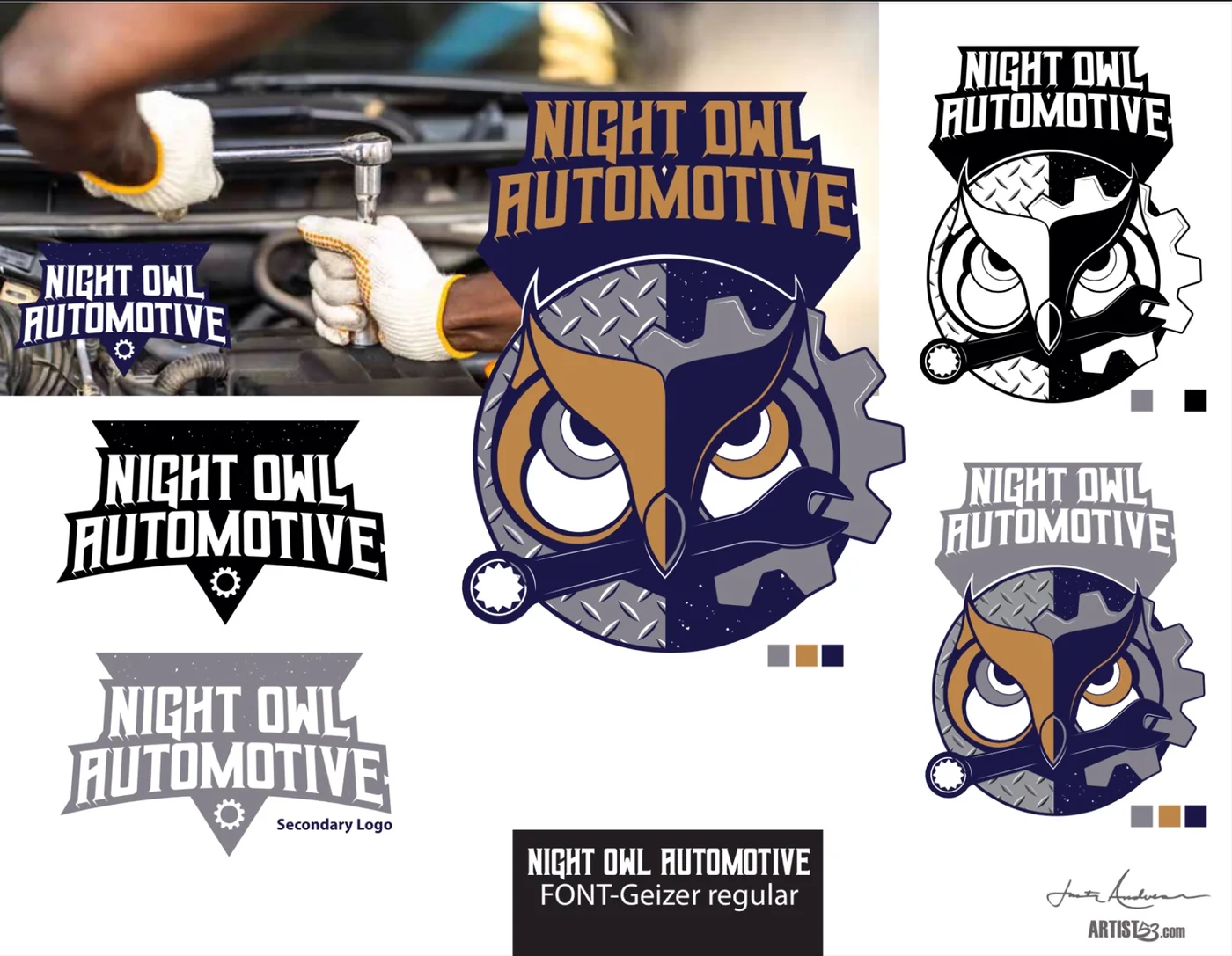 Night Owl Automotive branding presentation with bronze accent color