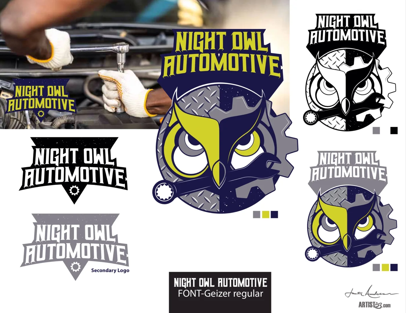 Night Owl Automotive branding presentation with yellow accent color