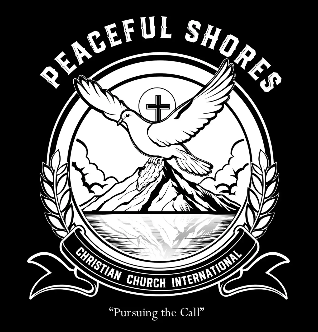 White Peaceful Shores logo on a black background