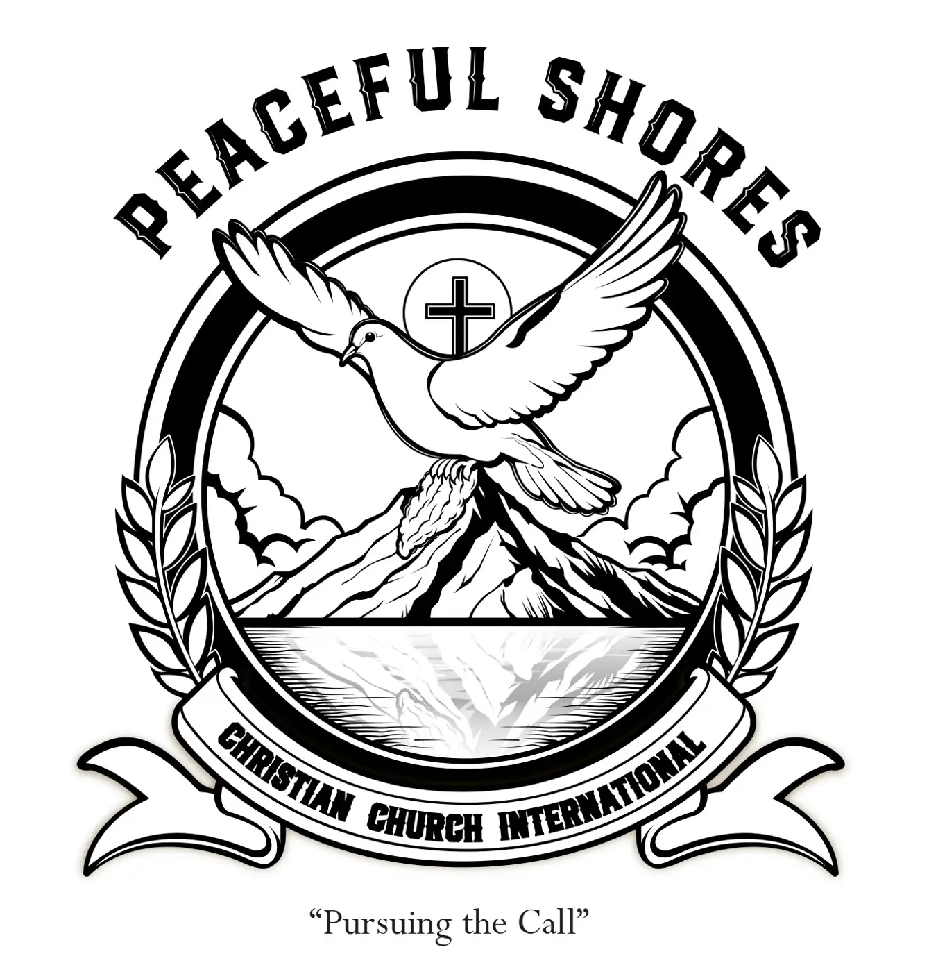 Black Peaceful Shores logo on a white background