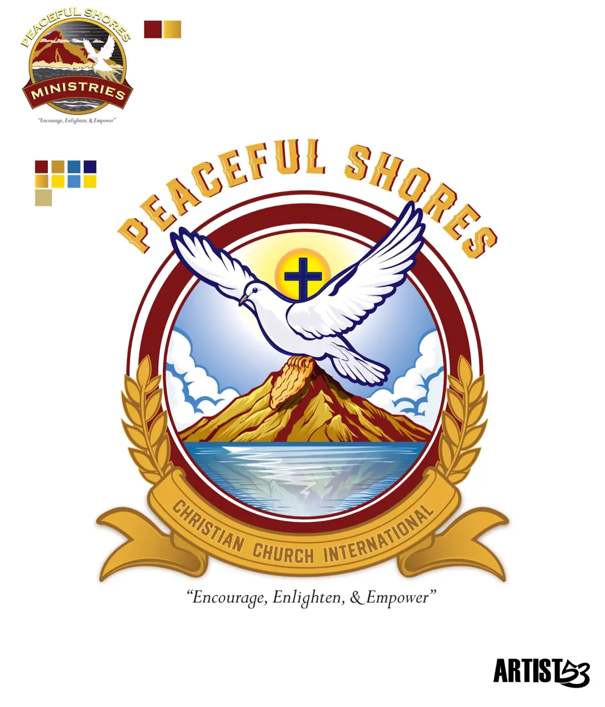Peaceful Shores logo redesign with original logo reference and color palette