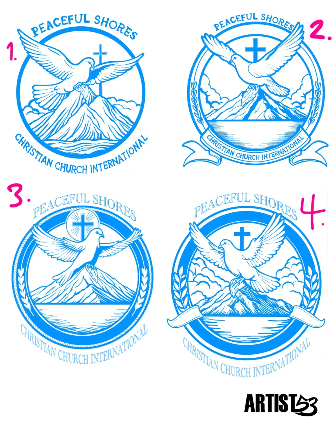 Four Peaceful Shores logo concept sketches