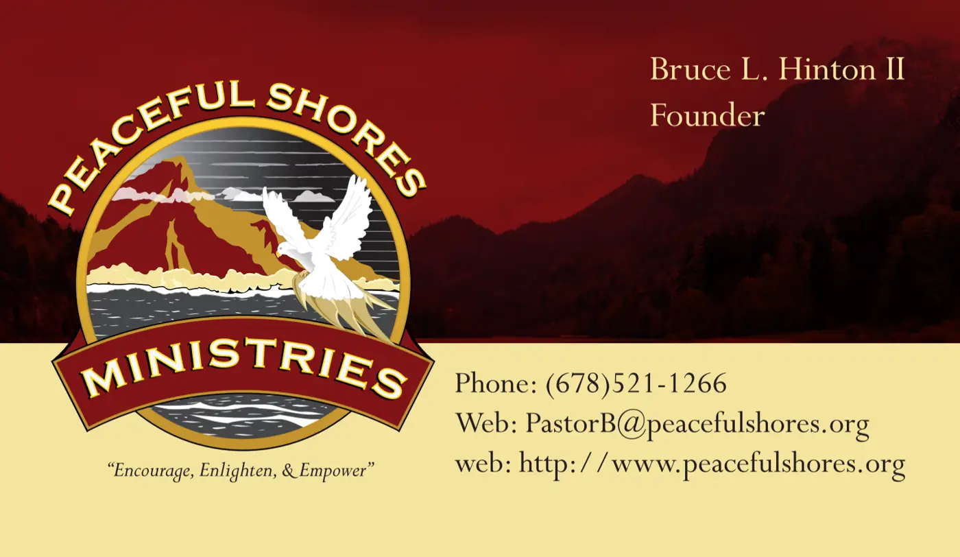Original Peaceful Shores Ministries logo used on a church business card