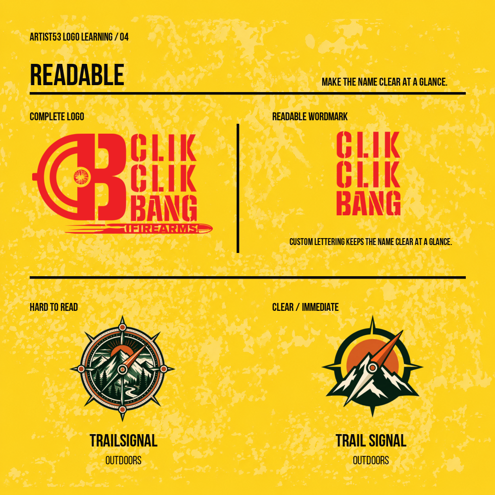 Readable logo test comparing the complete CLIK CLIK BANG Firearms logo and readable wordmark with Trail Signal Outdoors examples