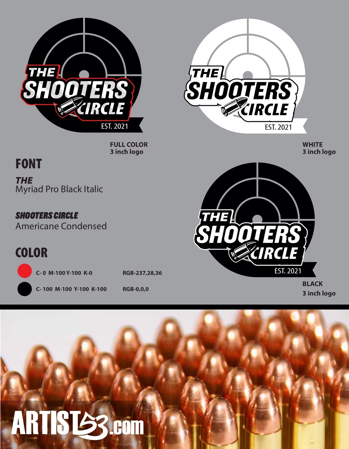 The Shooters Circle brand guide with logo variations, typography and color specifications