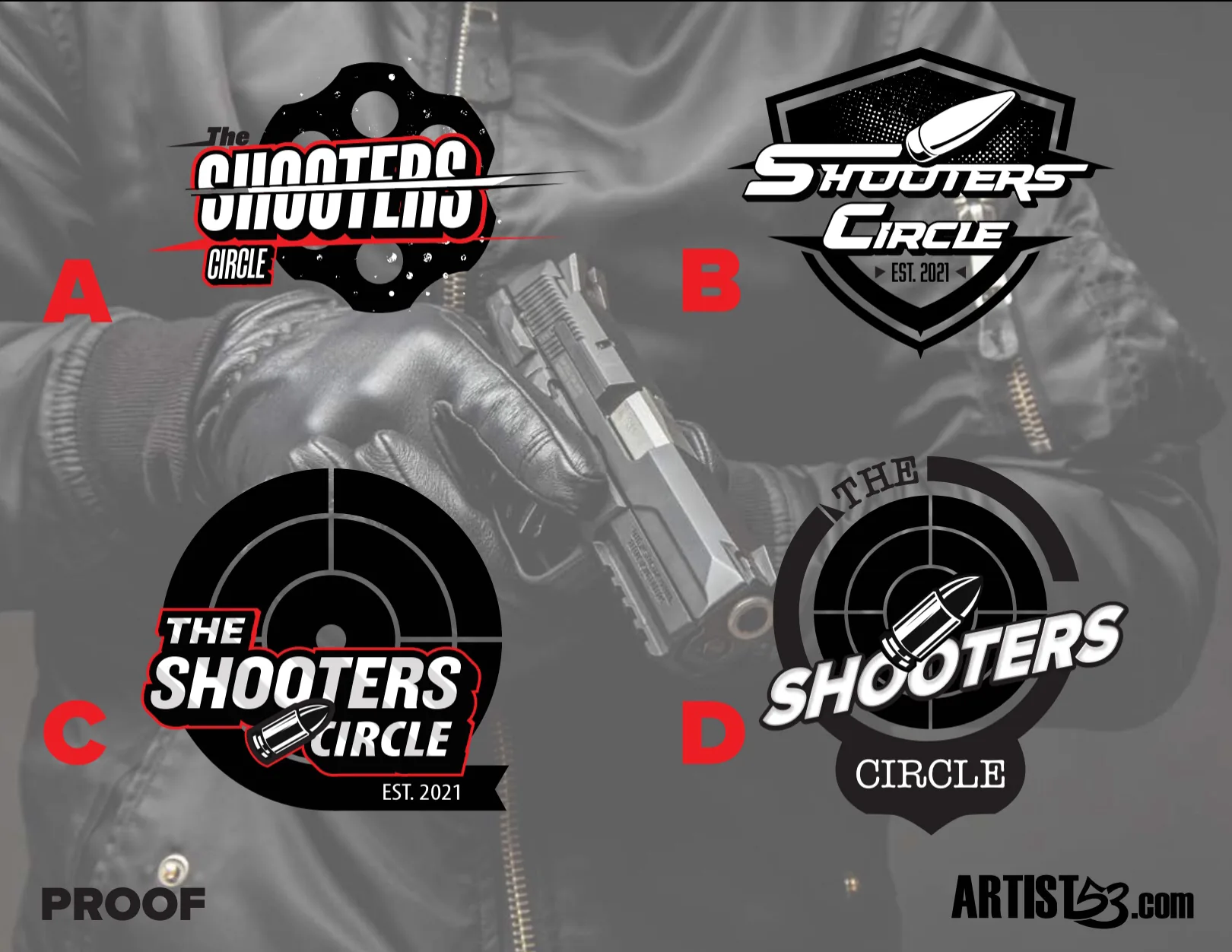 The Shooters Circle concept proof sheet showing four logo directions