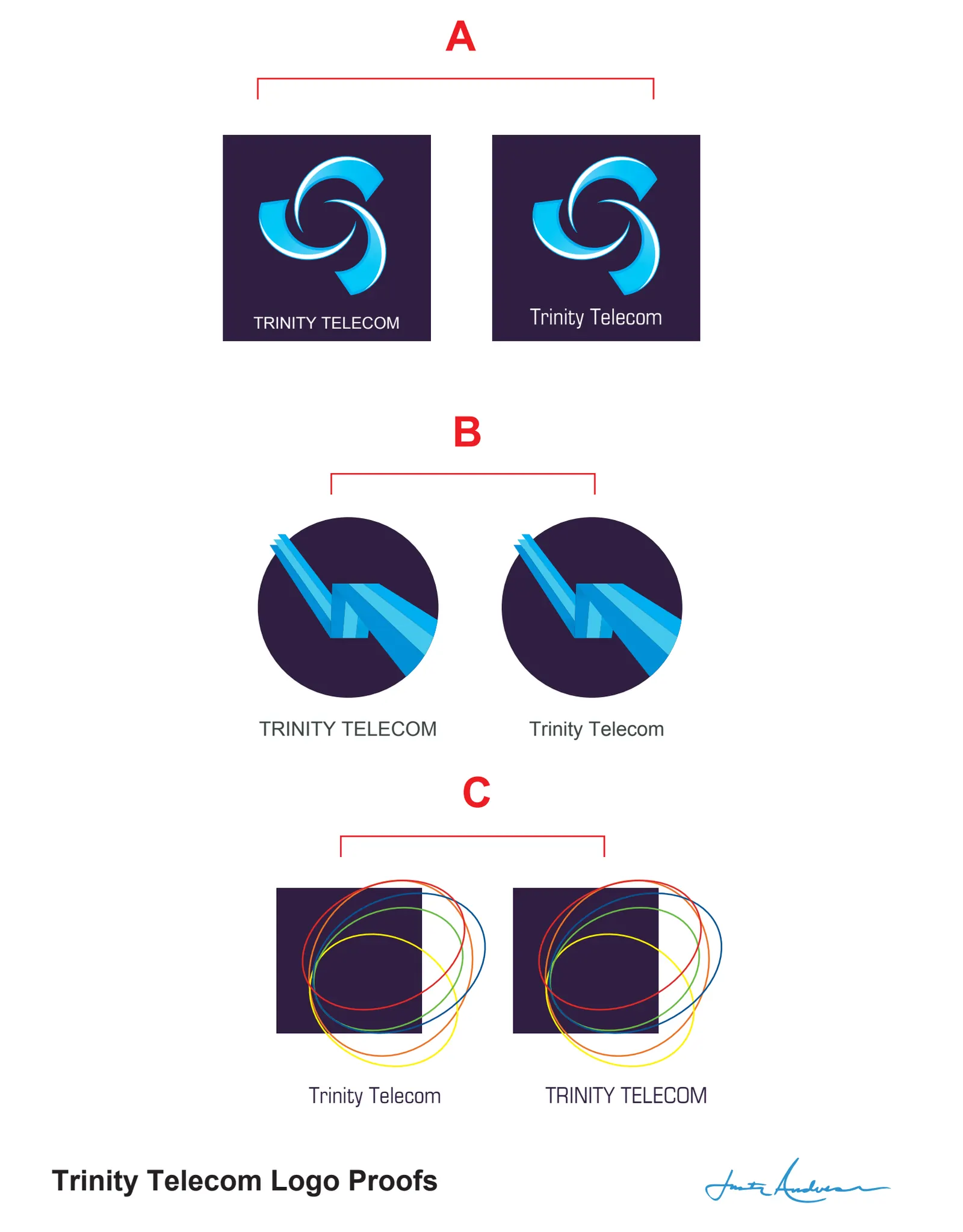 Trinity Telecom early logo concepts A B and C