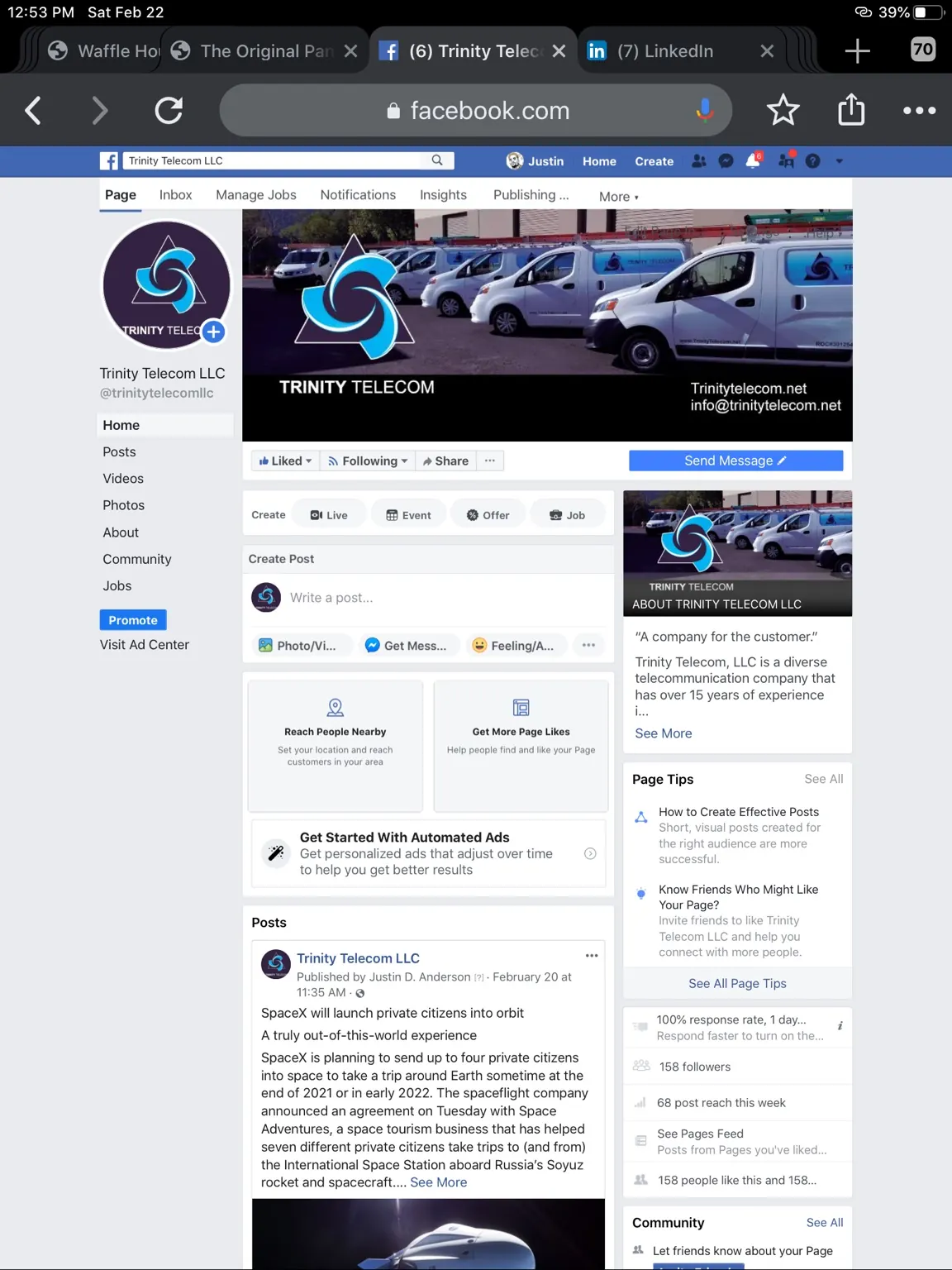 Trinity Telecom Facebook page with branded service fleet