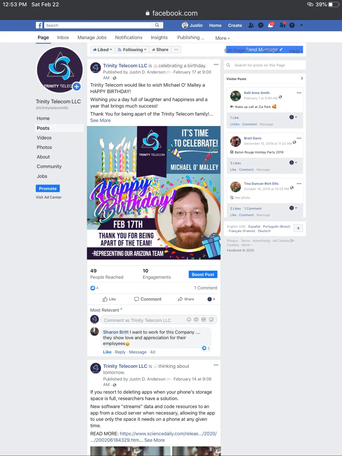 Trinity Telecom employee birthday social post