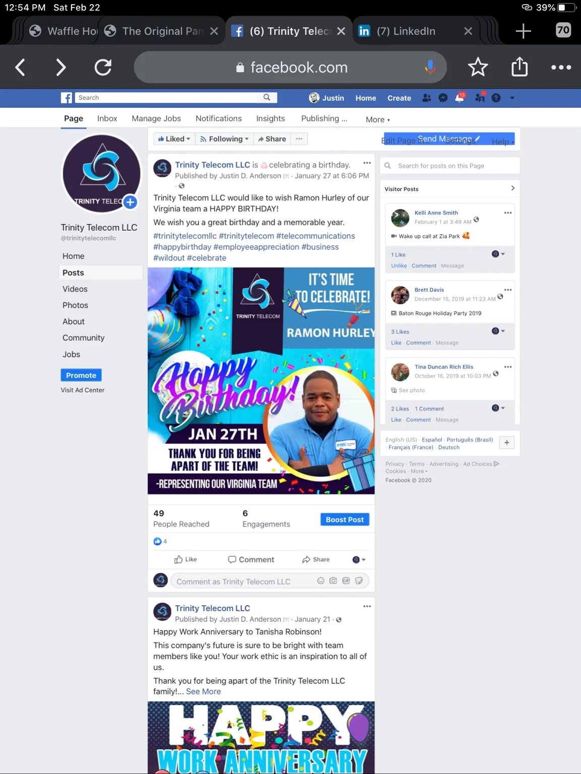 Trinity Telecom employee birthday social post for Virginia team