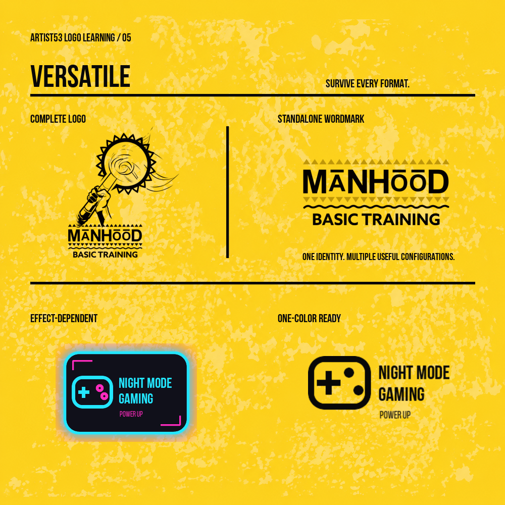 Versatile logo test comparing the complete Manhood Basic Training logo and standalone wordmark with effects-dependent and one-color Night Mode Gaming examples